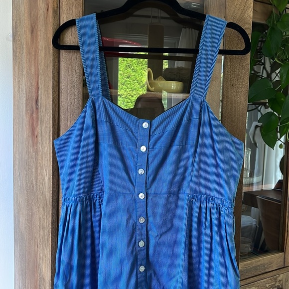 Madewell Button Front Tiered Cotton Midi Dress | Stripe Cerulean Blue | Size 12 - Picture 4 of 12